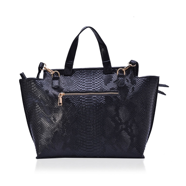 Black Colour Snake Embossed Tote Bag with External Zipper Pocket and Adjustable and Removable Shoulder Strap (Size 42x27x12 Cm)