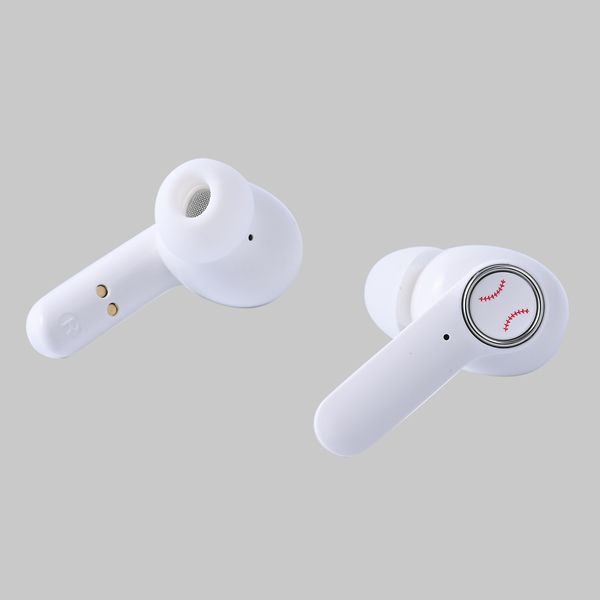 Bluetooth Wireless Earbuds with USB Port and Baseball Shaped Charging Box - White and Red
