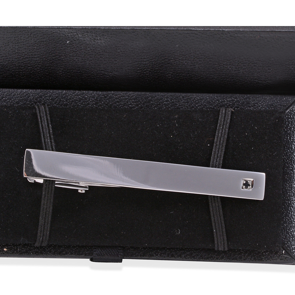 Close Out Deal AAA Simulated Black Spinel (Rnd) Tie-Clip in Stainless Steel