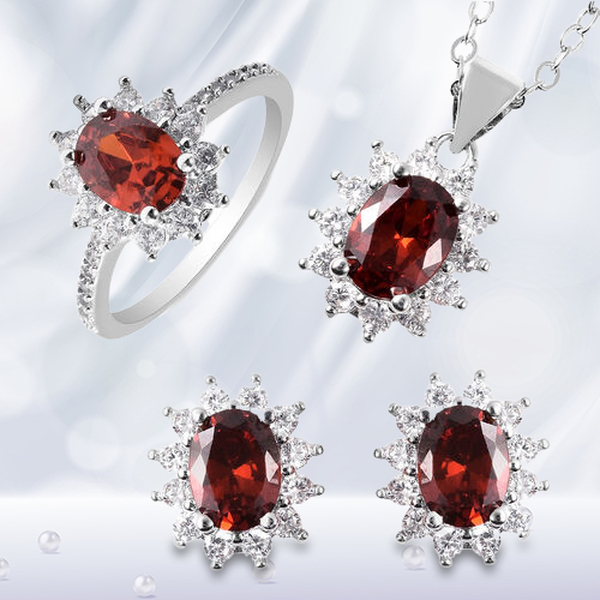 3 Piece Set - Mozambique Red Garnet and Simulated Diamond Sunburst Theme Ring, Stud Earrings (with P