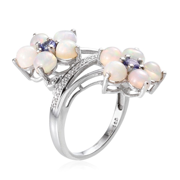 Ethiopian Welo Opal (Rnd), Tanzanite Twin Floral Ring in Platinum Overlay Sterling Silver 3.500 Ct.