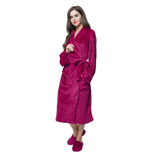Supersoft Short Pile Microflannel Burgundy Colour Bath Robe (Free Size) and Slippers