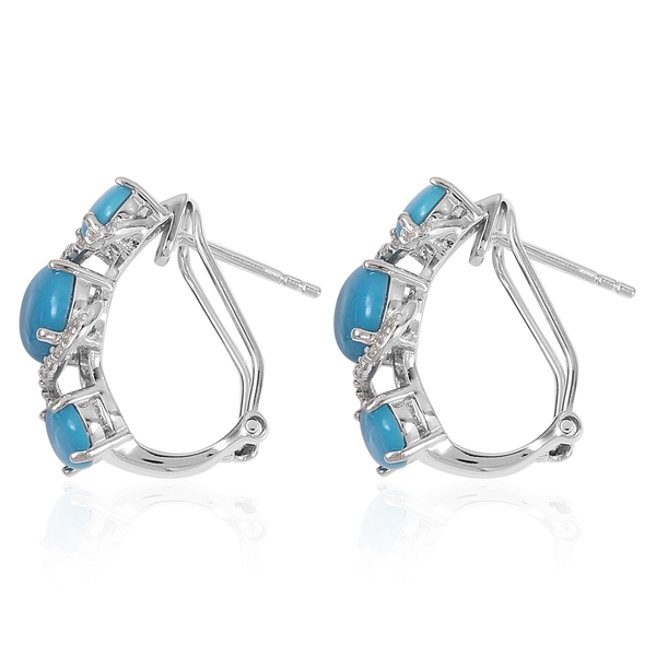 Arizona Sleeping Beauty Turquoise (Ovl), Natural White Cambodian Zircon Earrings (with French Clip) in Rhodium Plated Sterling Silver 6.100 Ct.