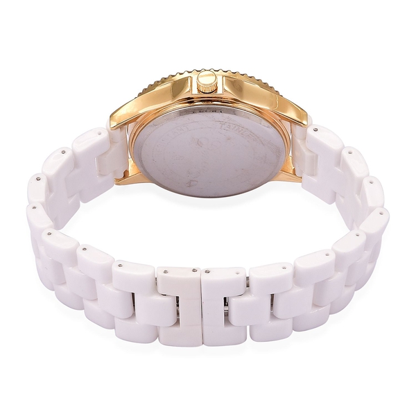GENOA White Ceramic Gold Tone Japanese Movement, Water Resistant Watch Studded with Austrian Crystals
