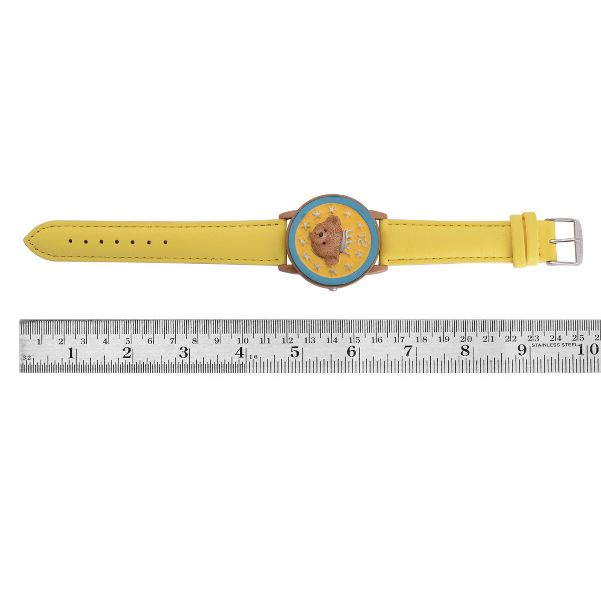 STRADA Japanese Movement White Dial with Teddy Bear Cover Watch in Silver Tone with Yellow Strap