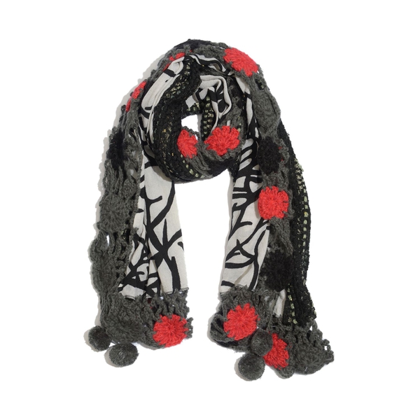 Red, Black and Grey Colour Winter Scarf with Fringes (Size 175x60 Cm)