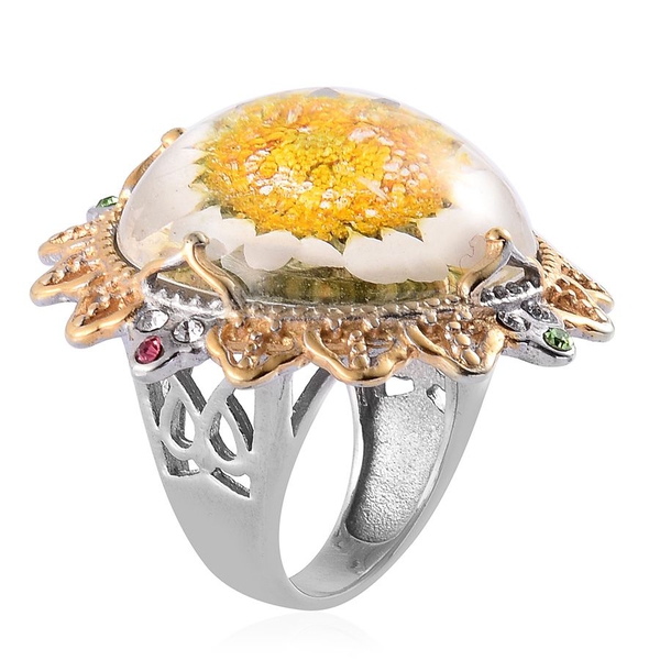 Natural Flower Preserved with Multi Colour Austrian Crystal Ring in ION Plated Gold with Stainless Steel