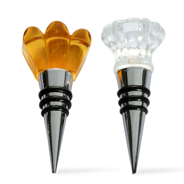 Set of 2 - Yellow and White Austrian Crystal Resin Cone Bottle Stoppers