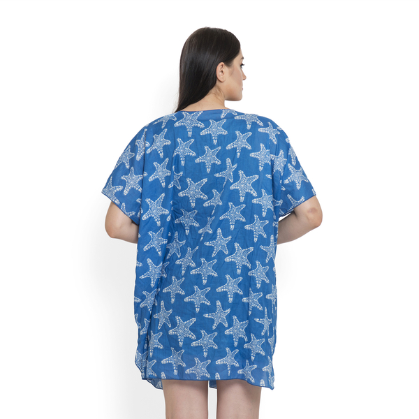 Hand Dyed 100% Cotton Starfish Pattern Blue Colour Poncho (Free Size)