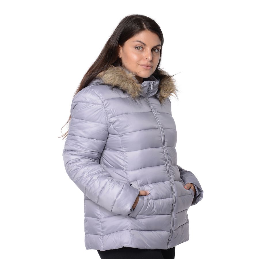 Women Puffer Jacket with Faux Fur Trim Hood and Two Pockets Size XXL in Silver Grey 3435781 TJC
