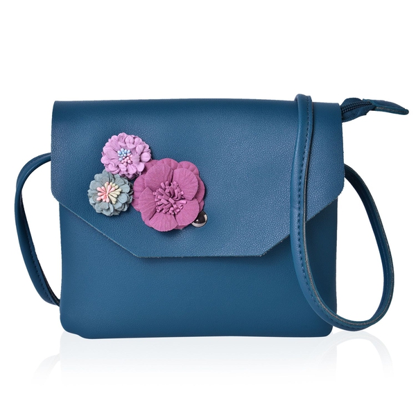 Handcrafted 3D Flowers Embellished Blue Colour Crossbody Bag (Size 19X17 Cm)