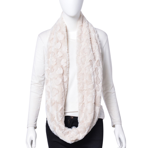 Designer Inspired- Cream Colour Heart Pattern Faux Fur Infinity Scarf (Size 80X20 Cm)