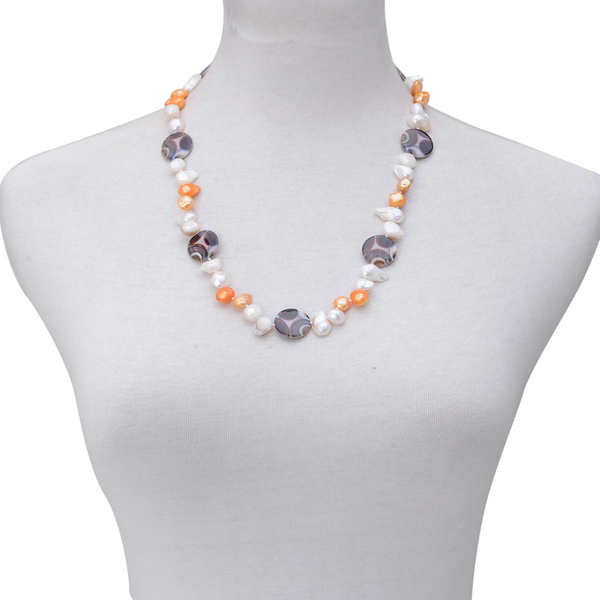 Dyed Shell, White and Orange Keshi Pearl Necklace (Size 24) in Silver ...