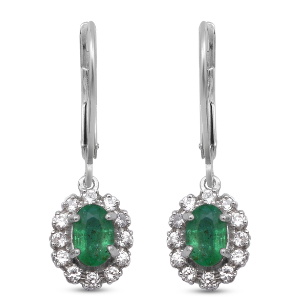 Kagem Zambian Emerald and Natural Cambodian Zircon Dangling Earrings (With Lever Back) in Rhodium Ov