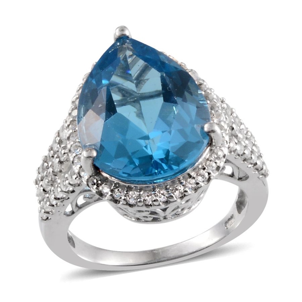 13 Ct Electric Swiss Blue and White Topaz Halo Ring in Platinum Plated Sterling Silver 5.75 Grams