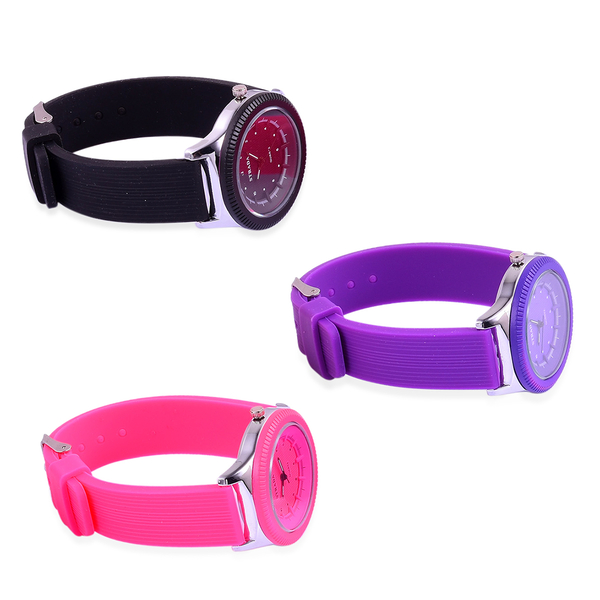 Set of 3 - STRADA Japanese Movement Black, Pink and Purple Colour Watch in Silver Tone with Silicone Strap
