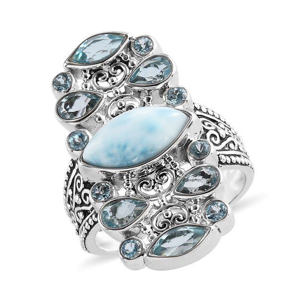Sajen Silver Cultural Flair Collection - Larimar, Swiss Blue Topaz and Aquamarine Colour Doublet Quartz Enamelled Ring in Platinum Overlay Sterling Silver 3.35 Ct.