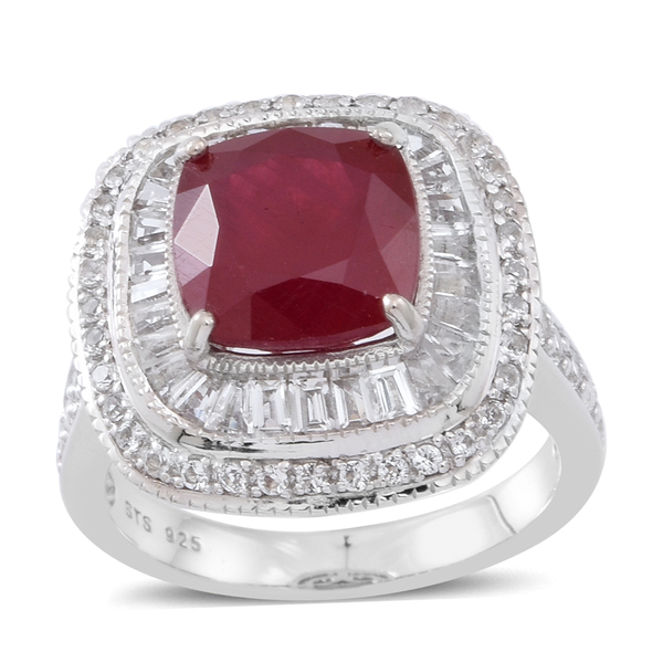 10 Carat African Ruby and White Topaz Halo Ring in Rhodium Plated Sterling Silver 7.31 Grams