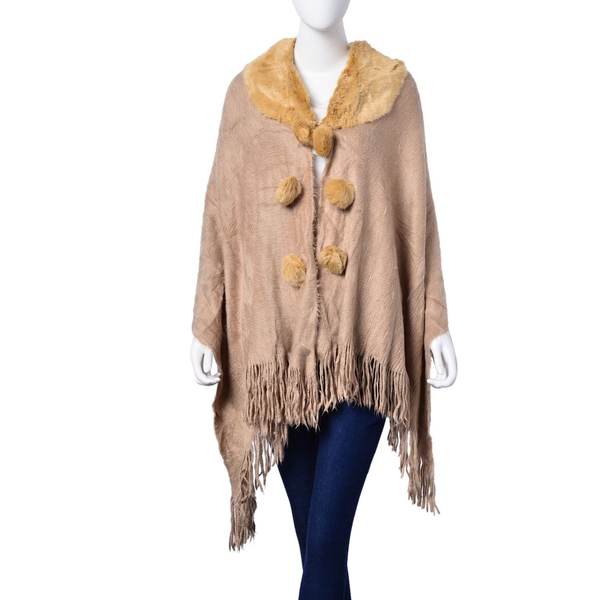 Winter Special - Khaki Colour Poncho with 6 Pom Pom and Faux Fur Collar (Size 160x55 Cm)