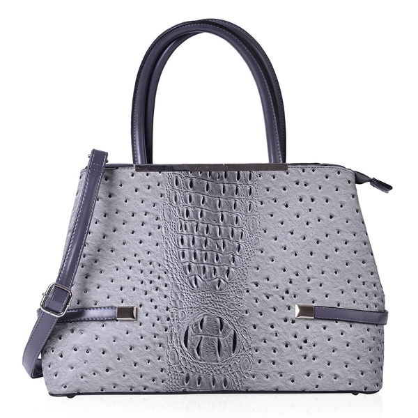Designer Inspired-Grey and Black Colour Croc Embossed Tote Bag with External Zipper Pocket and Adjus