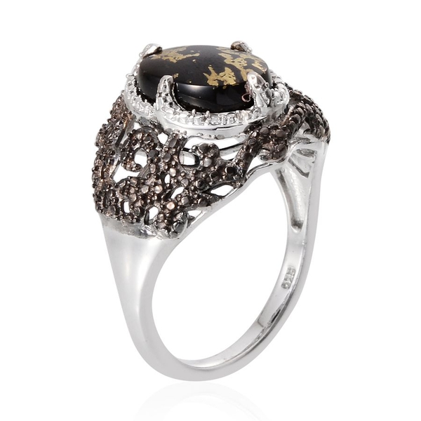 Goldenite (Ovl 3.00 Ct), White and Black Diamond Ring in Platinum Overlay Sterling Silver 3.020 Ct.