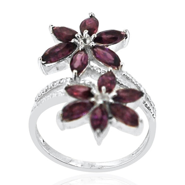 Rhodolite Garnet (Mrq), White Topaz Twin Floral Crossover Ring in Sterling Silver 3.750 Ct.