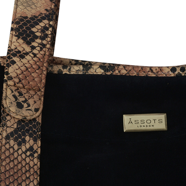 Assots London Polly Genuine Suede Leather Snake Print Shopper Bag (Size 37x33x12 Cm) - Black