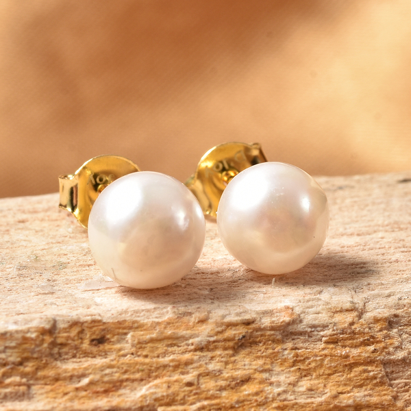 Japanese Akoya Pearl Stud Earrings (with Push Back) in Yellow Gold Overlay Sterling Silver