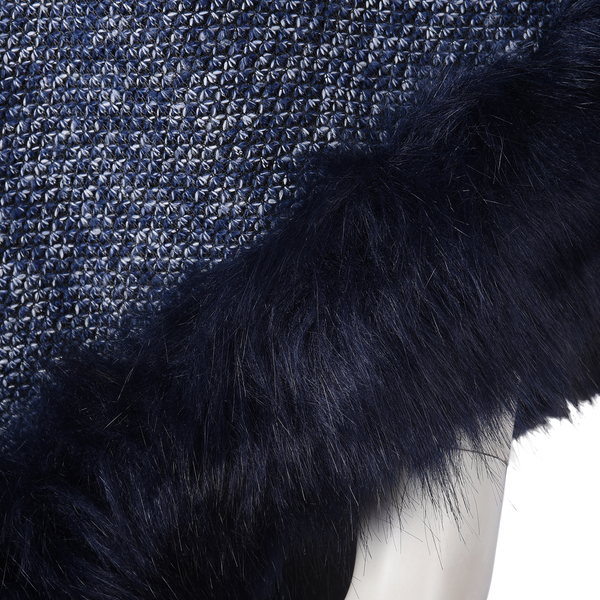 Faux Fur Warm Poncho with Fluffy Edges (Size 80x90 Cm) - Navy