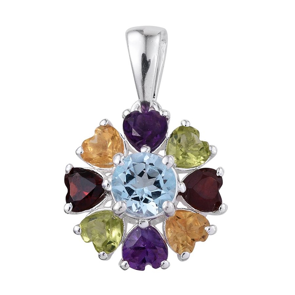 Sky Blue Topaz (Rnd 1.00 Ct), Mozambique Garnet, Hebei Peridot, Amethyst and Citrine Pendant in Ster