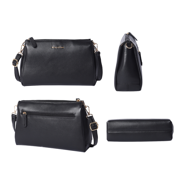 SENCILLEZ 100% Genuine Leather Crossbody Bag with Shoulder Strap (Size 28x17x9Cm) - Black
