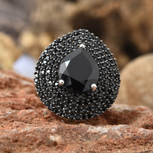 Boi Ploi Black Spinel (Pear 12x10 mm) Ring in Platinum Overlay with Black Plating Sterling Silver 7.000 Ct, Silver wt 5.64 Gms, Number of Gemstone 153.