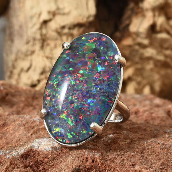 Extremely Rare Size Australian Boulder Opal (Ovl 25x15 mm) Ring in Platinum Overlay Sterling Silver