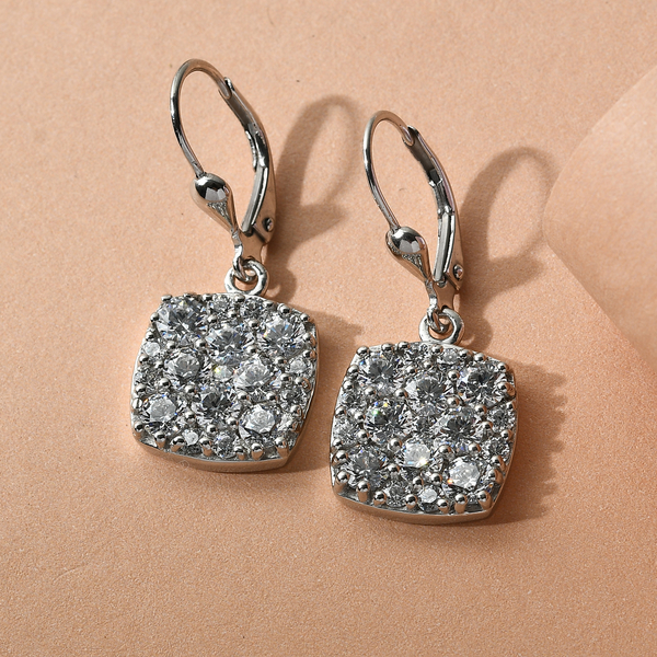 Lustro Stella Platinum Overlay Sterling Silver Dangle Earrings (with Lever Back) Made with Finest CZ 6.07 Ct, Silver wt. 5.51 Gms
