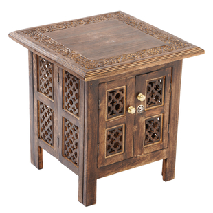 Square Hand Carved Mango Wooden Crafted Table with Window Storage (Size 46 Cm)