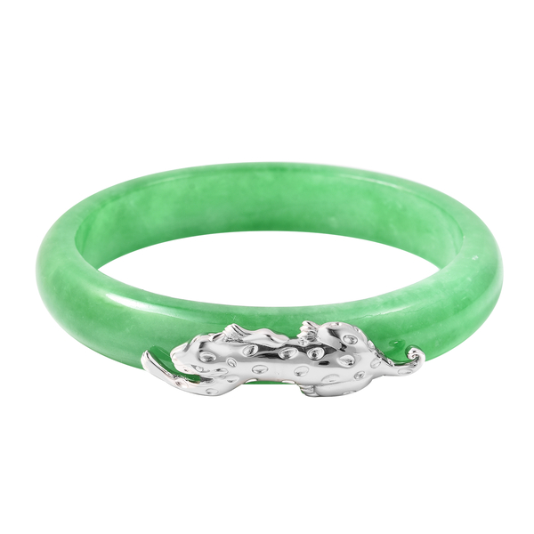Green Jade Leopard Bangle (Size 7.5) in Rhodium Overlay Sterling Silver 264.25 Ct.