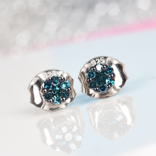 Blue Diamond Pressure Set Floral Earrings (with Push Back) in Platinum Overlay Sterling Silver