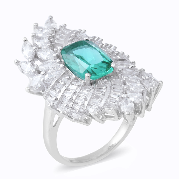 ELANZA Simulated Apatite and Diamond Halo Design Ring in Rhodium Plated Sterling Silver 7.63 Grams