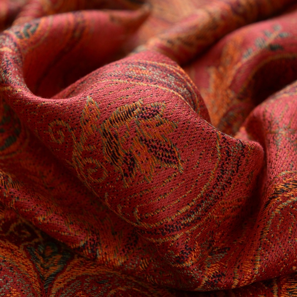 100% Superfine Silk Red and Multi Colour Paisley Pattern Orange Colour Jacquard Jamawar Scarf with Fringes (Size 180x70 Cm) (Weight 125 - 140 Grams)