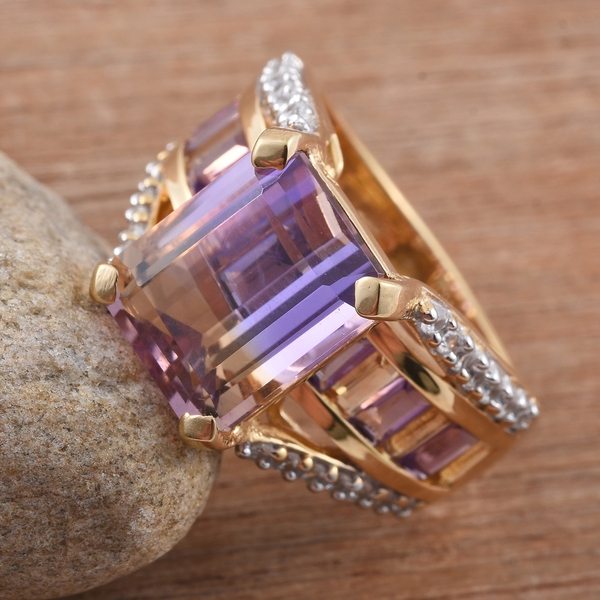 Anahi Ametrine (Oct 6.20 Ct), Amethyst, Citrine and Natural Cambodian Zircon Ring in 14K Gold Overlay Sterling Silver 8.500 Ct. Silver wt 6.70 Gms.