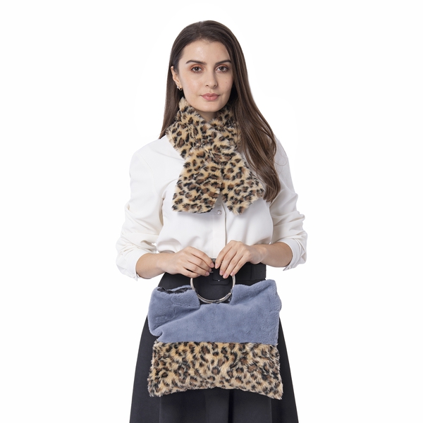 Leopard Skin Pattern Faux Fur Handbag (Size 34x30 Cm) and Scarf (Size 10x92Cm)