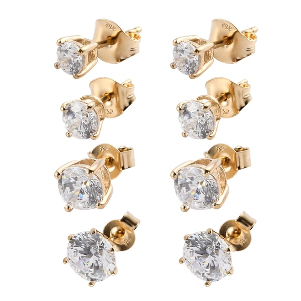 Set of 4 - Lustro Stella 14K Gold Overlay Sterling Silver Earrings (with Push Back) Made with Finest CZ 13.02 Ct