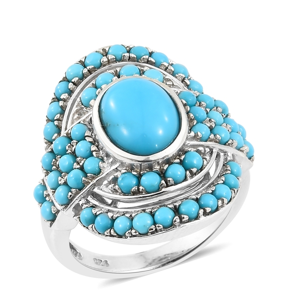 4 Carat Arizona Sleeping Beauty Turquoise Cluster Ring in Platinum Plated Silver 7.30 Grams