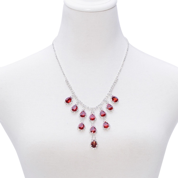 Simulated Ruby and White Austrian Crystal Necklace (Size 20 with 2 inch Extender) in Silver Tone