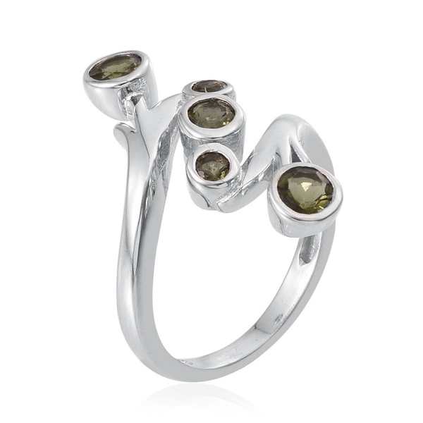 Bohemian Moldavite (Rnd) 5 Stone Crossover Ring in Platinum Overlay Sterling Silver 0.650 Ct.