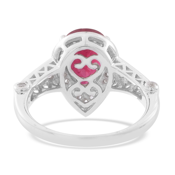 African Ruby (Pear 4.00 Ct), Natural White Cambodian Zircon Ring in Rhodium Plated Sterling Silver 4.750 Ct.