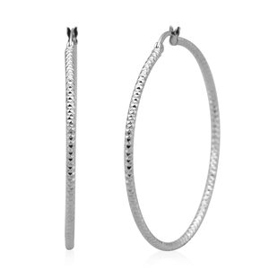Italian Made - Rhodium Sterling Silver Diamond Cut Hoop Earrings.