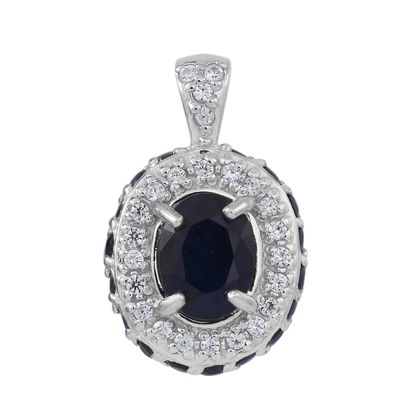 Kanchanaburi Blue Sapphire (Ovl), Medagascar Blue Sapphire and Natural Cambodian White Zircon Ring, Pendant and Stud Earrings (with Push Back) in Rhodium Plated Sterling Silver 11.000 Ct.