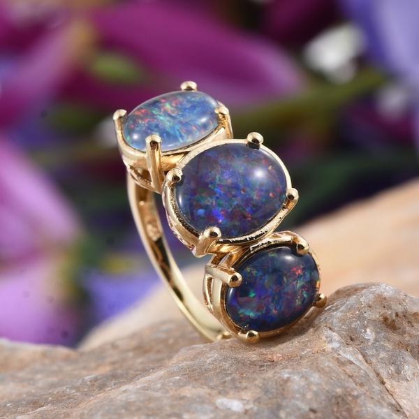 Australian Boulder Opal (Ovl 1.75 Ct) 3 Stone Ring in 14K Gold Overlay Sterling Silver 4.250 Ct.