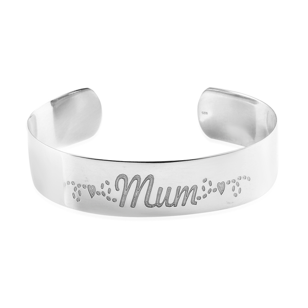 Platinum Overlay Sterling Silver Engraved MUM Cuff Bangle (Size 7.5), Silver Wt. 15.30 Gms